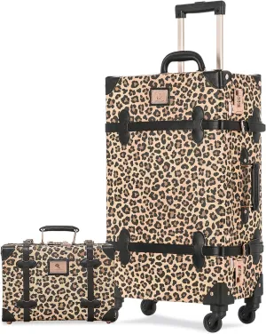 Unitravel 2 Piece Vintage Suitcase Set, 26inch Handmade Faux Leather Women Spinner Luggage with Cosmetic Train Case Handbag (Leopard)