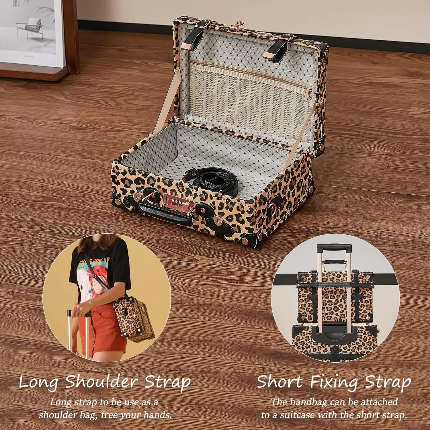 Unitravel 2 Piece Vintage Suitcase Set, 26inch Handmade Faux Leather Women Spinner Luggage with Cosmetic Train Case Handbag (Leopard)