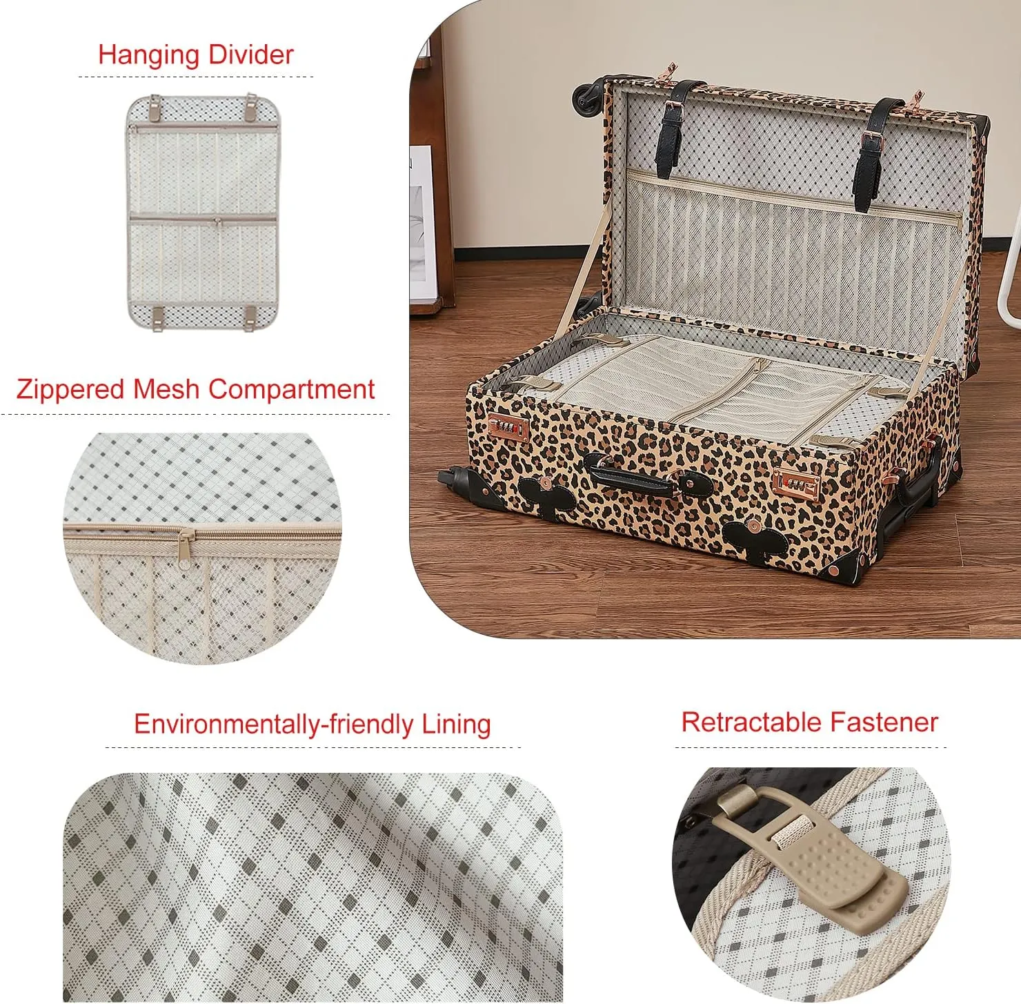Unitravel 2 Piece Vintage Suitcase Set, 26inch Handmade Faux Leather Women Spinner Luggage with Cosmetic Train Case Handbag (Leopard)