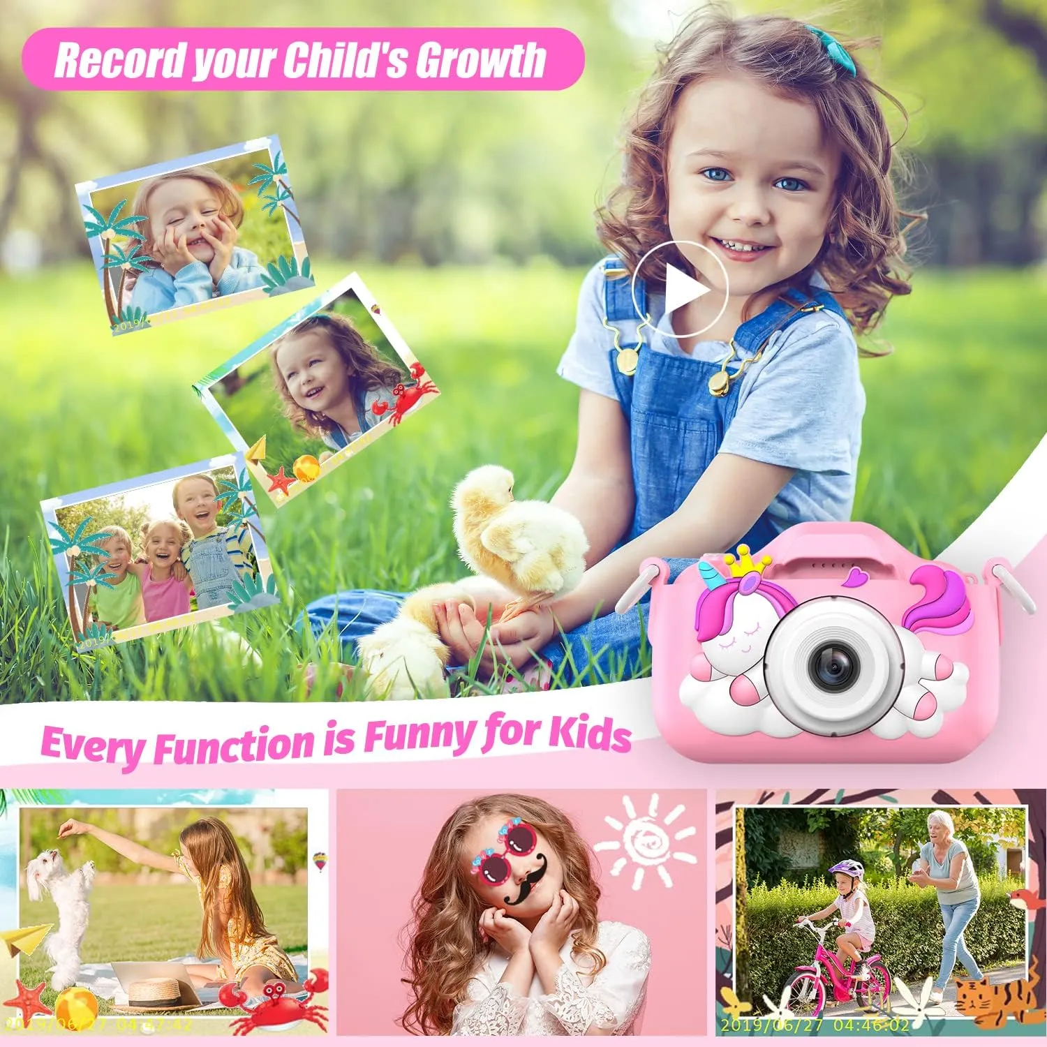 Upgrade Unicorn Kids Camera, Christmas Birthday Gifts for Girls Boys Age 3-12, 1080P HD Selfie Digital Video Camera for Toddlers, Cute Portable Little Girls Boys Gifts Toys for 3 4 5 6 7 8 9 Years Old