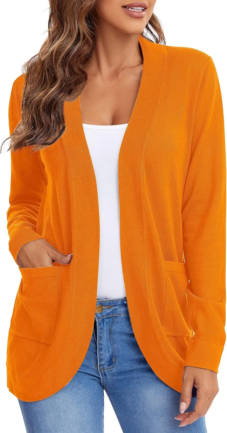 Urban CoCo Women's Long Sleeve Knit Sweater Cardigans Curved Hem Open Front with Pockets
