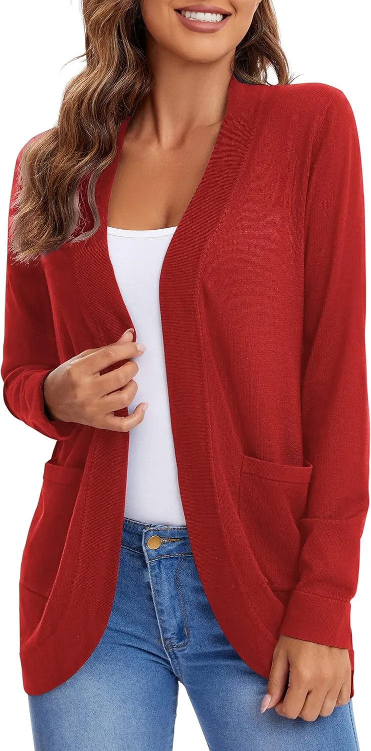 Urban CoCo Women's Long Sleeve Knit Sweater Cardigans Curved Hem Open Front with Pockets