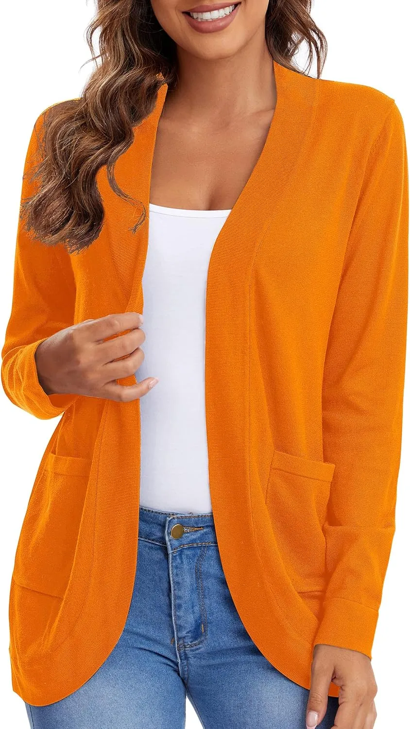 Urban CoCo Women's Long Sleeve Knit Sweater Cardigans Curved Hem Open Front with Pockets