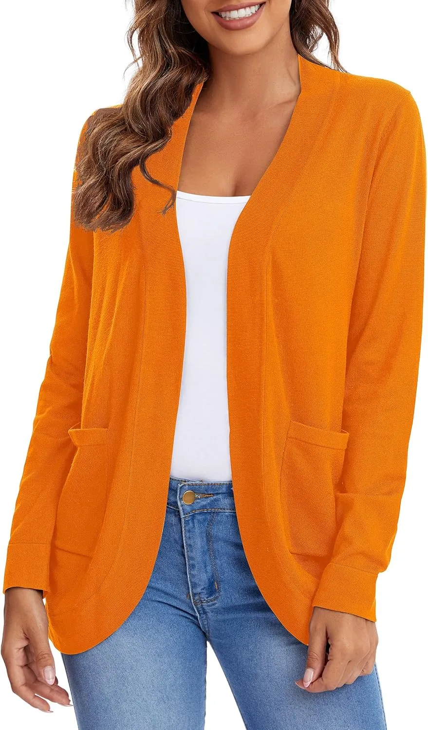 Urban CoCo Women's Long Sleeve Knit Sweater Cardigans Curved Hem Open Front with Pockets