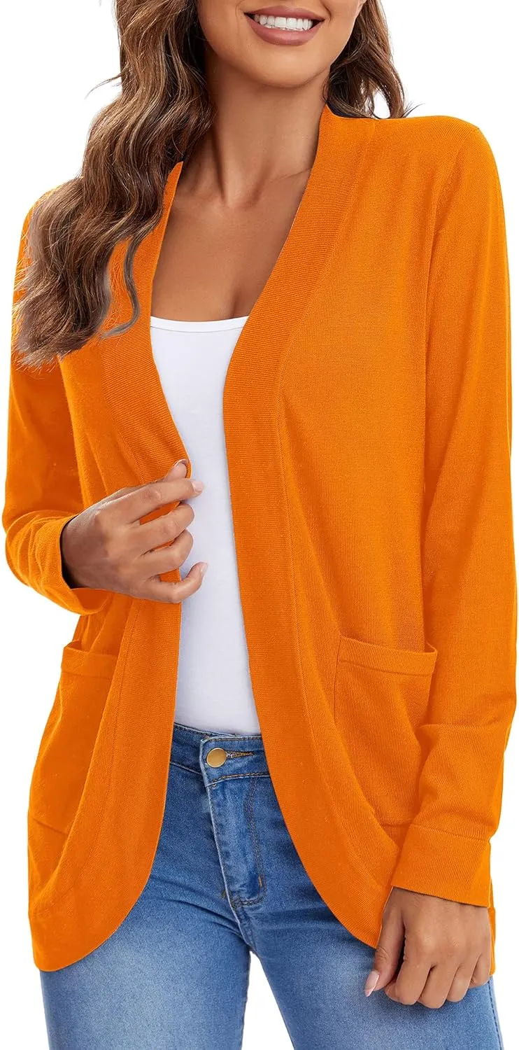 Urban CoCo Women's Long Sleeve Knit Sweater Cardigans Curved Hem Open Front with Pockets