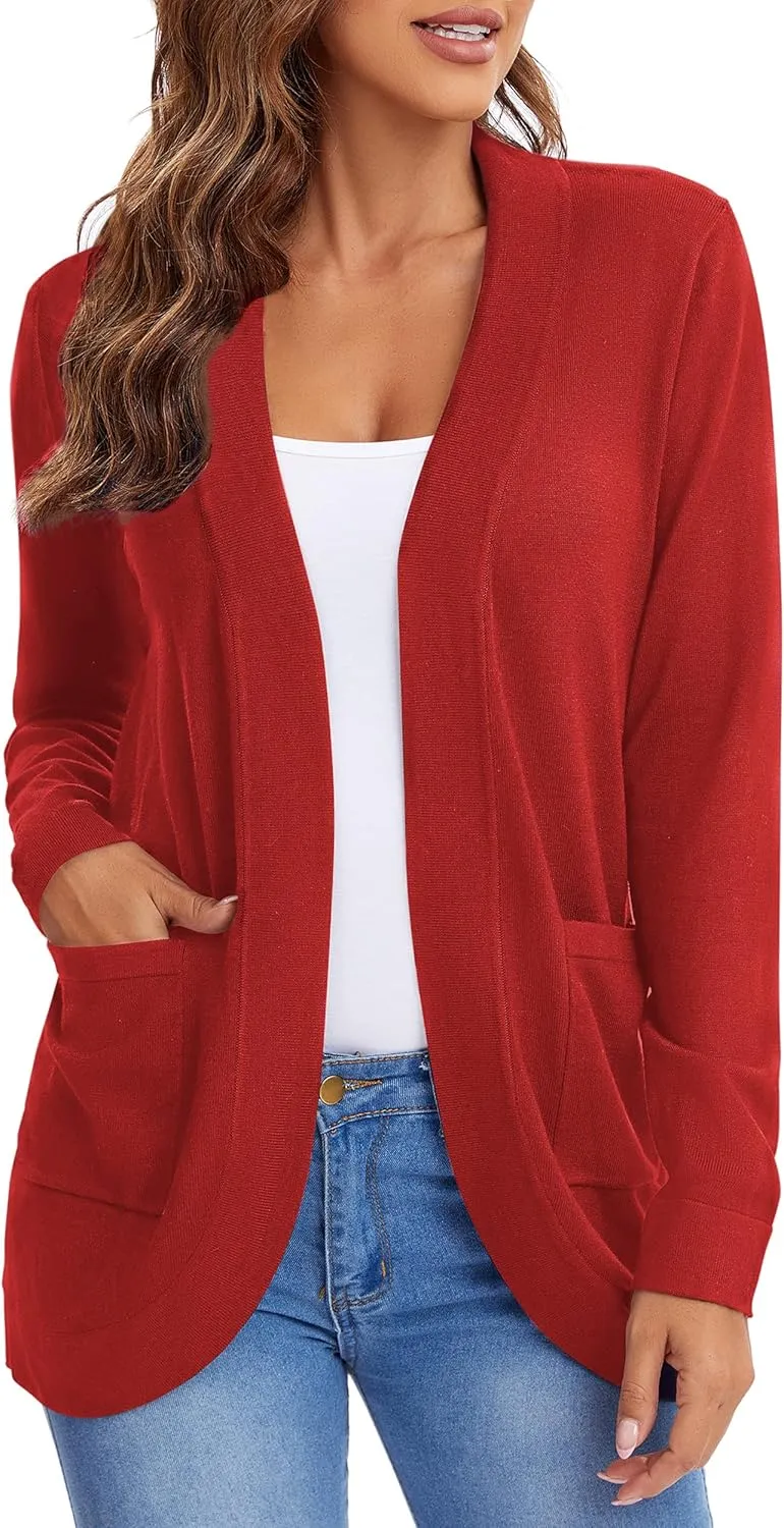 Urban CoCo Women's Long Sleeve Knit Sweater Cardigans Curved Hem Open Front with Pockets