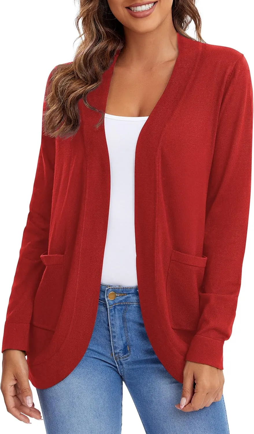 Urban CoCo Women's Long Sleeve Knit Sweater Cardigans Curved Hem Open Front with Pockets
