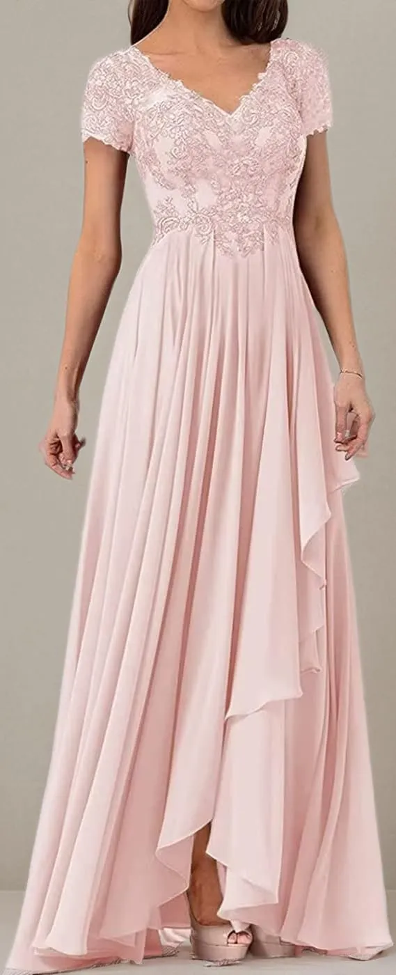 V Neck Mother of The Bride Dress Long Wedding Guests Dresses for Women Lace Appliques Chiffon Formal Evening Party Gowns