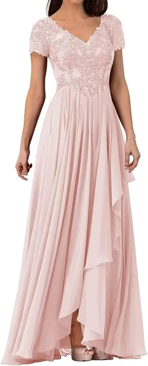 V Neck Mother of The Bride Dress Long Wedding Guests Dresses for Women Lace Appliques Chiffon Formal Evening Party Gowns