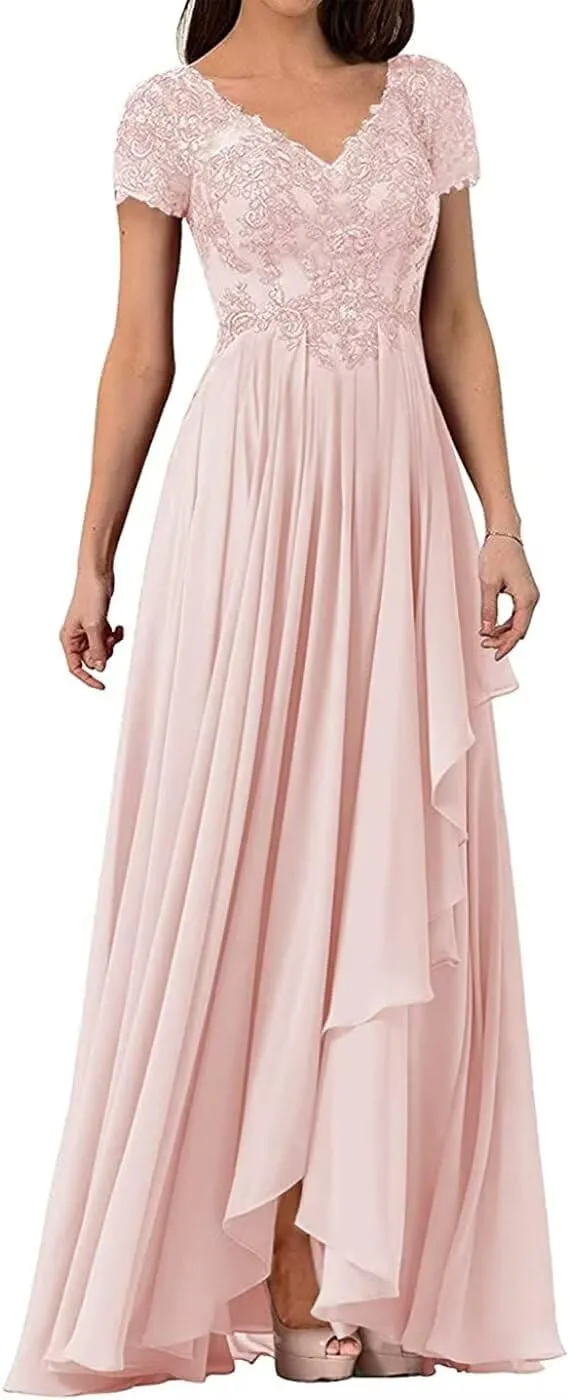 V Neck Mother of The Bride Dress Long Wedding Guests Dresses for Women Lace Appliques Chiffon Formal Evening Party Gowns
