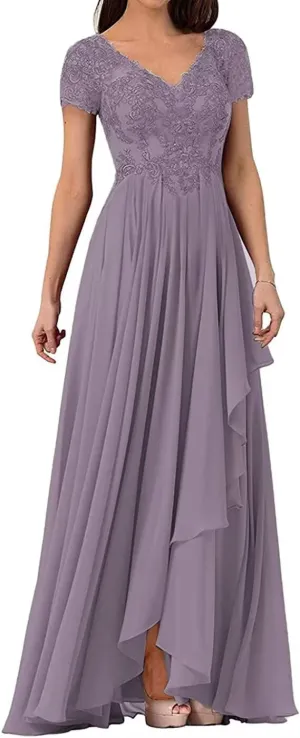 V Neck Mother of The Bride Dress Long Wedding Guests Dresses for Women Lace Appliques Chiffon Formal Evening Party Gowns