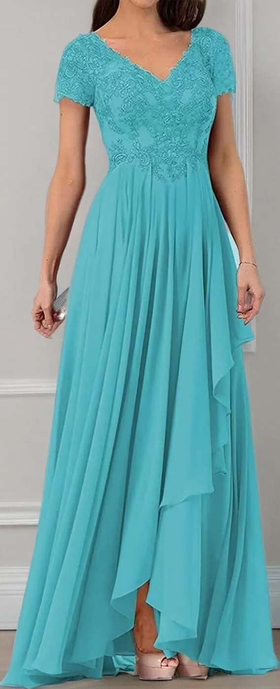 V Neck Mother of The Bride Dresses for Wedding Lace Appliques Prom Dress Women's Cap Sleeves Formal Evening Party Dress