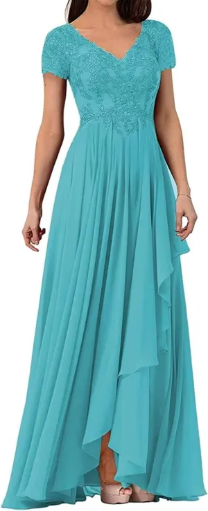 V Neck Mother of The Bride Dresses for Wedding Lace Appliques Prom Dress Women's Cap Sleeves Formal Evening Party Dress