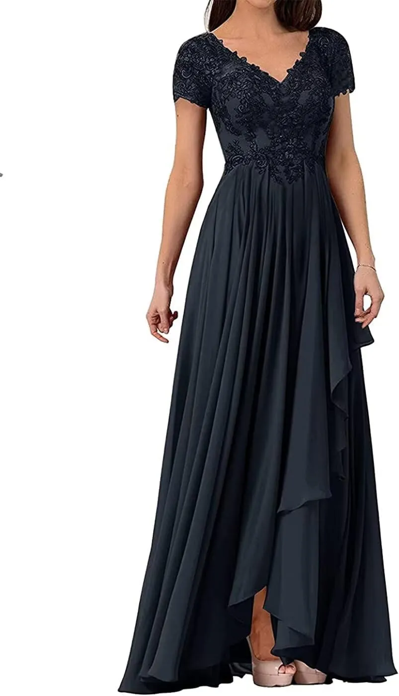 V Neck Mother of The Bride Dresses for Wedding Lace Appliques Prom Dress Women's Cap Sleeves Formal Evening Party Dress