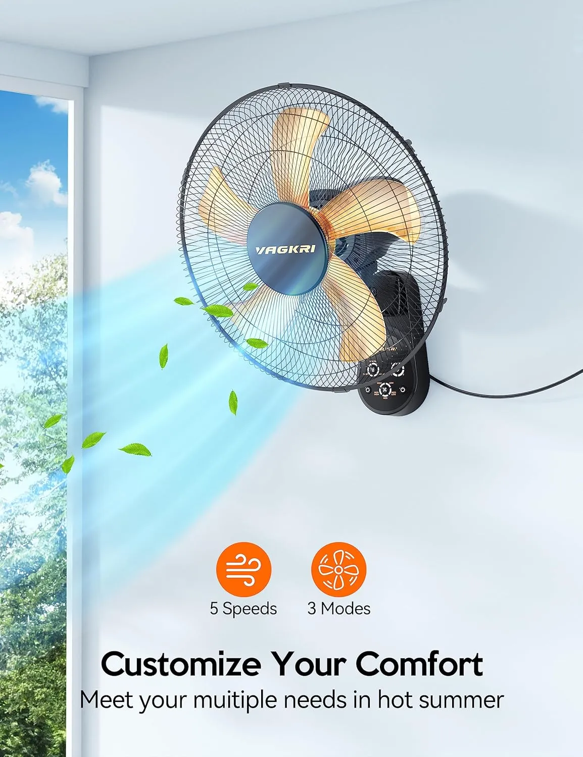 VAGKRI Wall Mount Fan, 16 Inch Wall Fans with 5 Blades, 5 Speeds, 8 Hour Timer, 90° Oscillating Quiet Fan with Remote for Home Office Bedroom Living Room Garage (Black)