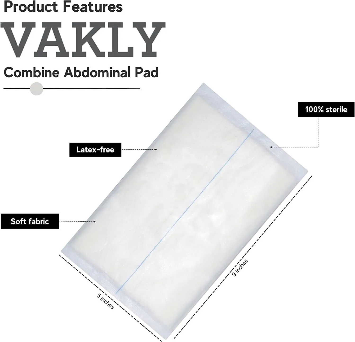 Vakly 100 ABD Combine Abdominal Pads 5x9 High Absorbency Sterile Individually Wrapped 5'' x 9'' Non-Adherent Absorbent Gauze - Heavy-Draining, Trauma and First Aid Wound Dressing