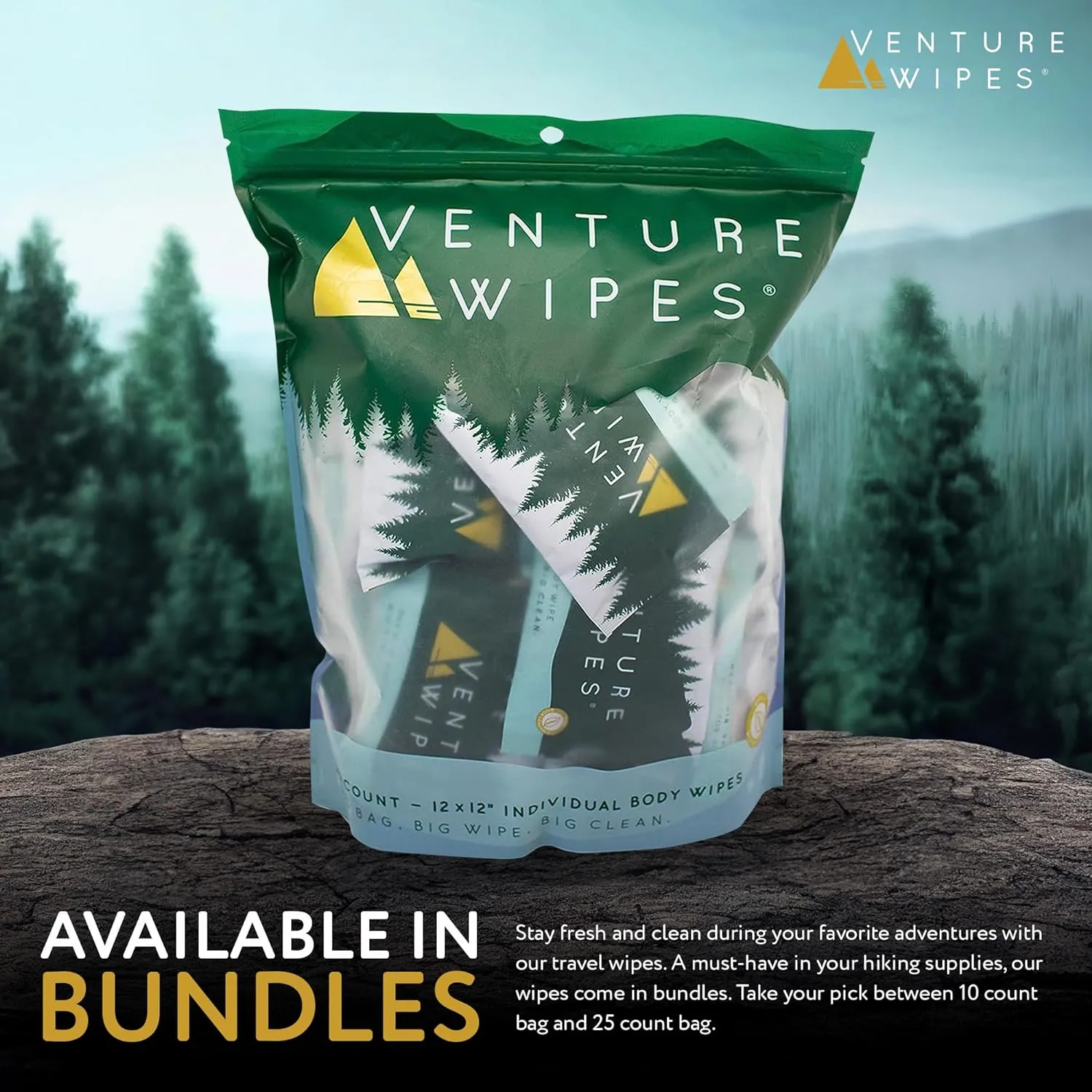 Venture Wipes Tea Tree Oil Body Wipes - Adventure Wipes for Adults - Biodegradable Cleansing Wipes with Aloe and Vitamin E - Camping Essentials - Individually Wrapped Body Wipes - 25 Count Bag