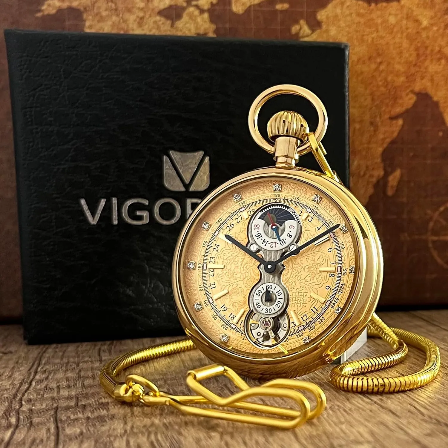 VIGOROSO Men's Vintage Full Copper Hand-Wind Mechanical Second&24hours Sub-dials Pocket Watch in Box