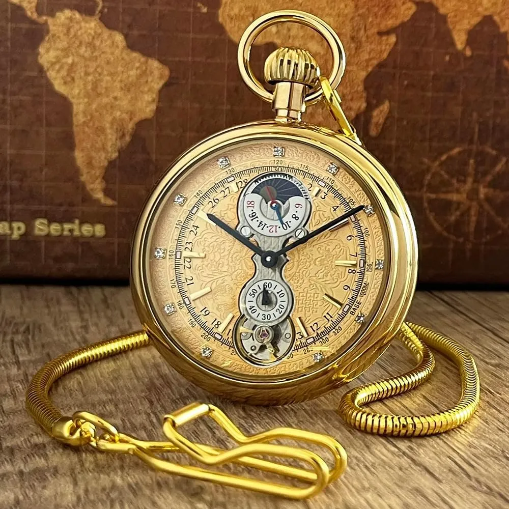 VIGOROSO Men's Vintage Full Copper Hand-Wind Mechanical Second&24hours Sub-dials Pocket Watch in Box