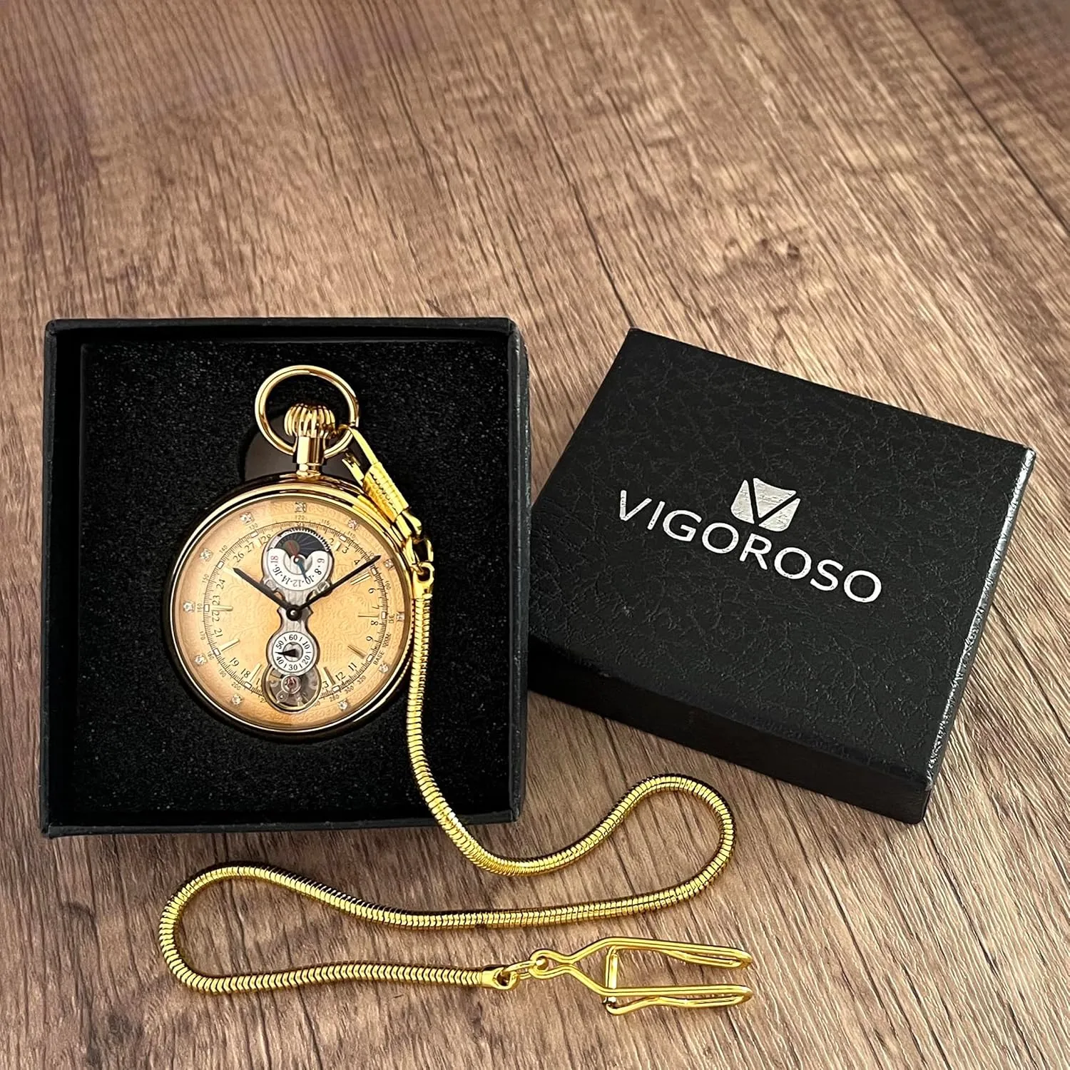 VIGOROSO Men's Vintage Full Copper Hand-Wind Mechanical Second&24hours Sub-dials Pocket Watch in Box