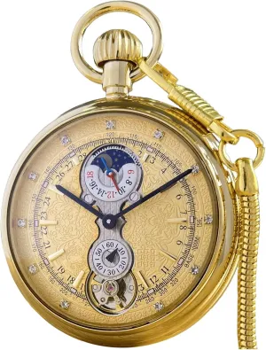 VIGOROSO Men's Vintage Full Copper Hand-Wind Mechanical Second&24hours Sub-dials Pocket Watch in Box