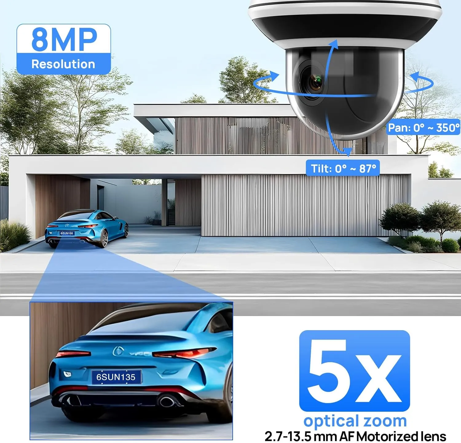 VIKYLIN UltraHD 4K 8MP PoE IP Camera Outdoor,4K PTZ IP Dome Security Camera with 5X Optical Zoom 2.7-13.5 mm, Human Vehicle Detection, 2 Way Audio,131ft IR Night Vision, IK10/IP67,Blue Iris,NDAA