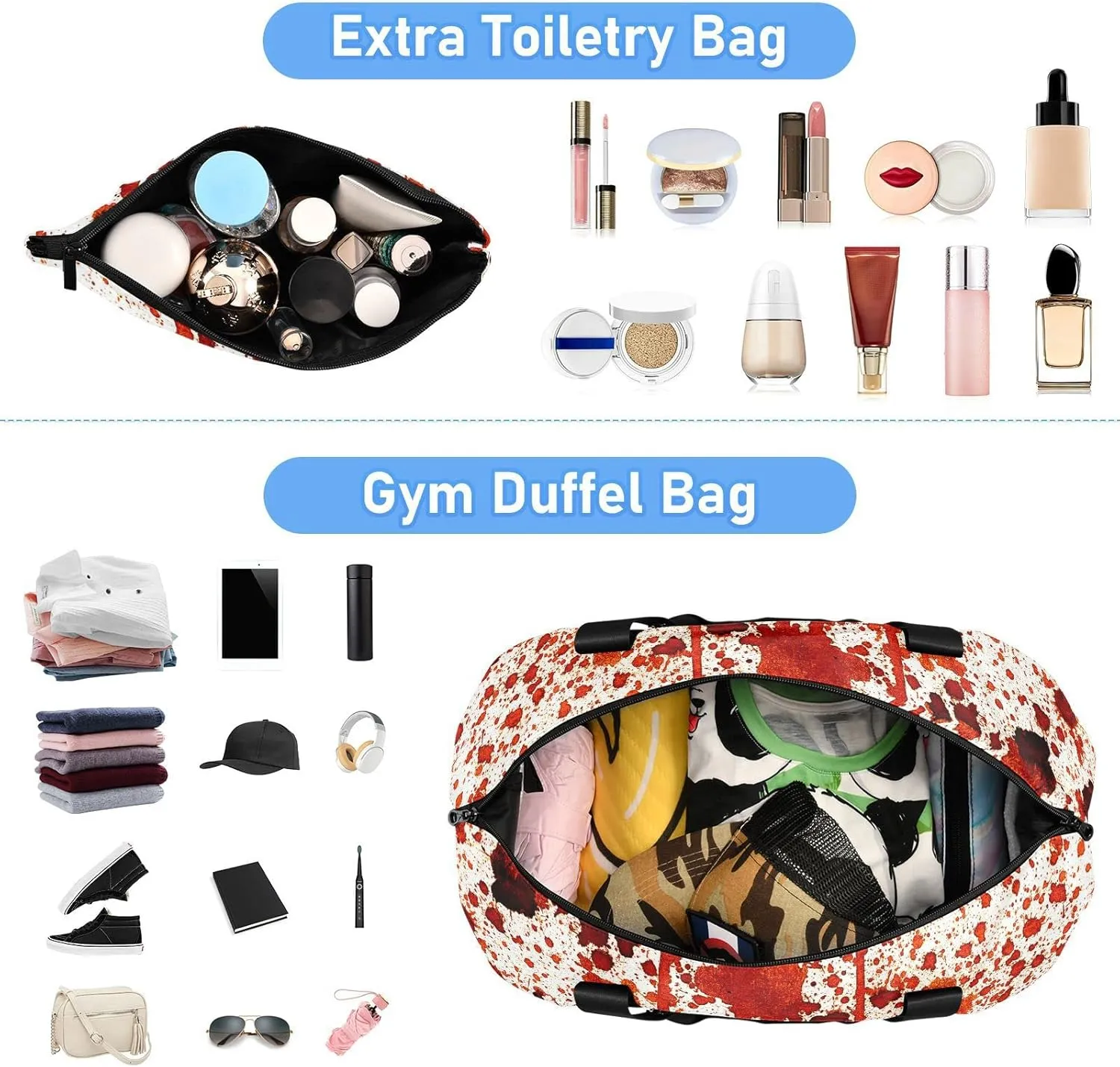 Vintage Bloody Splashes on White Foldable Travel Bag, Camping Luggage bag, Portable Gym Bag, Sports Bag, Toiletry Bag with Handles Adjustable Shoulder Strap