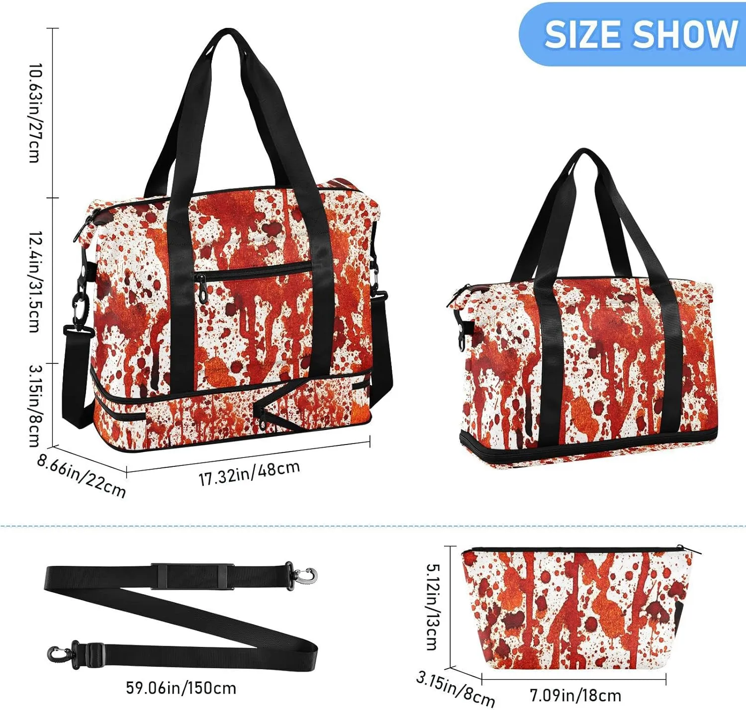 Vintage Bloody Splashes on White Foldable Travel Bag, Camping Luggage bag, Portable Gym Bag, Sports Bag, Toiletry Bag with Handles Adjustable Shoulder Strap