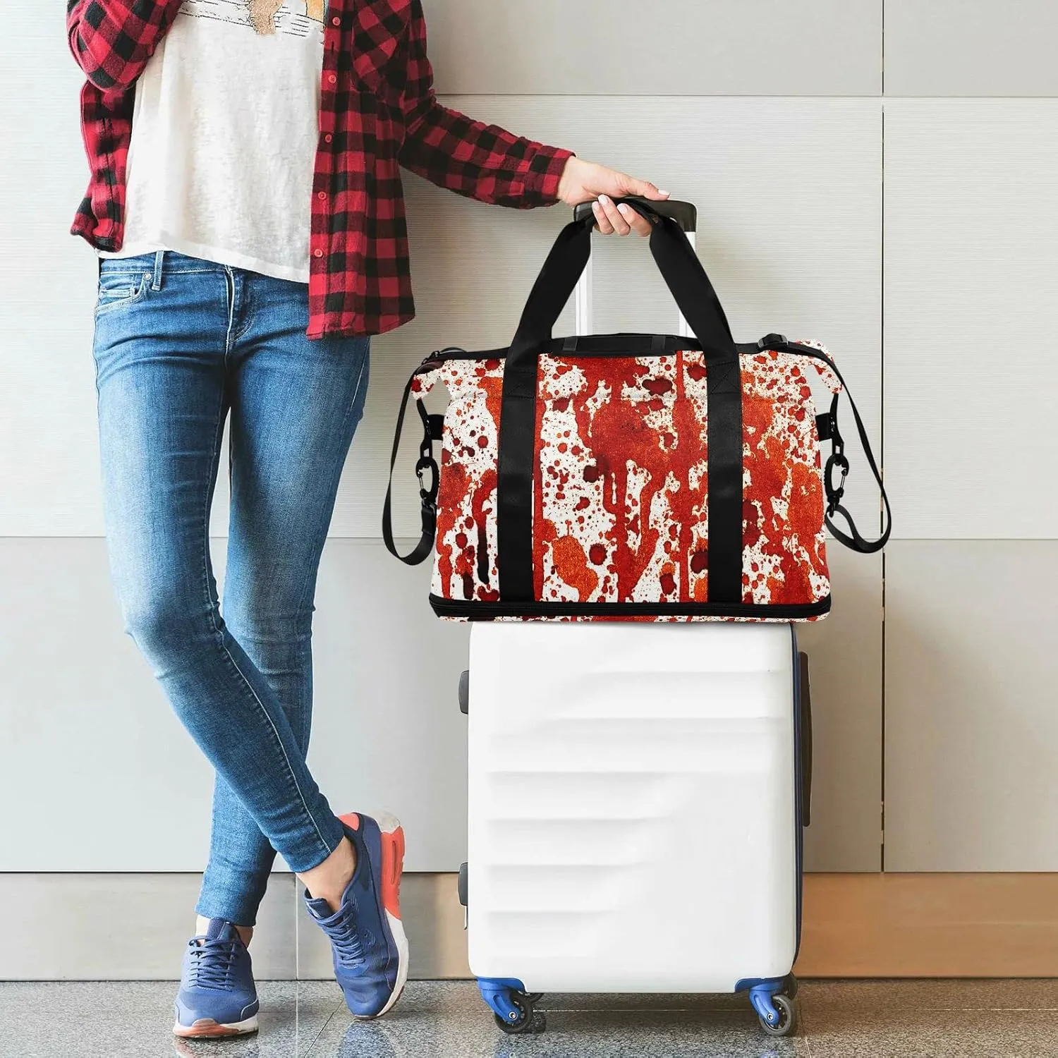 Vintage Bloody Splashes on White Foldable Travel Bag, Camping Luggage bag, Portable Gym Bag, Sports Bag, Toiletry Bag with Handles Adjustable Shoulder Strap