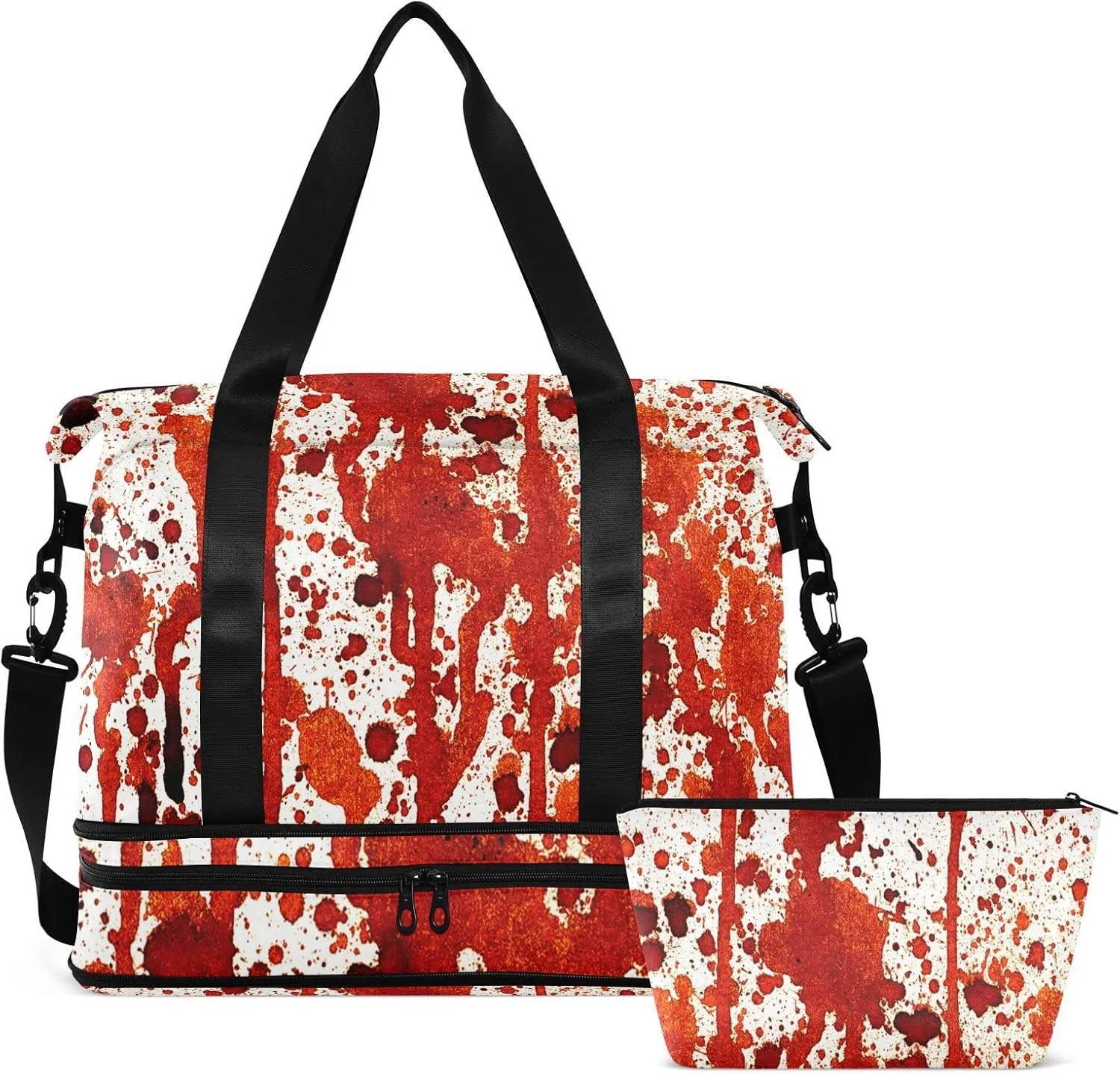 Vintage Bloody Splashes on White Foldable Travel Bag, Camping Luggage bag, Portable Gym Bag, Sports Bag, Toiletry Bag with Handles Adjustable Shoulder Strap