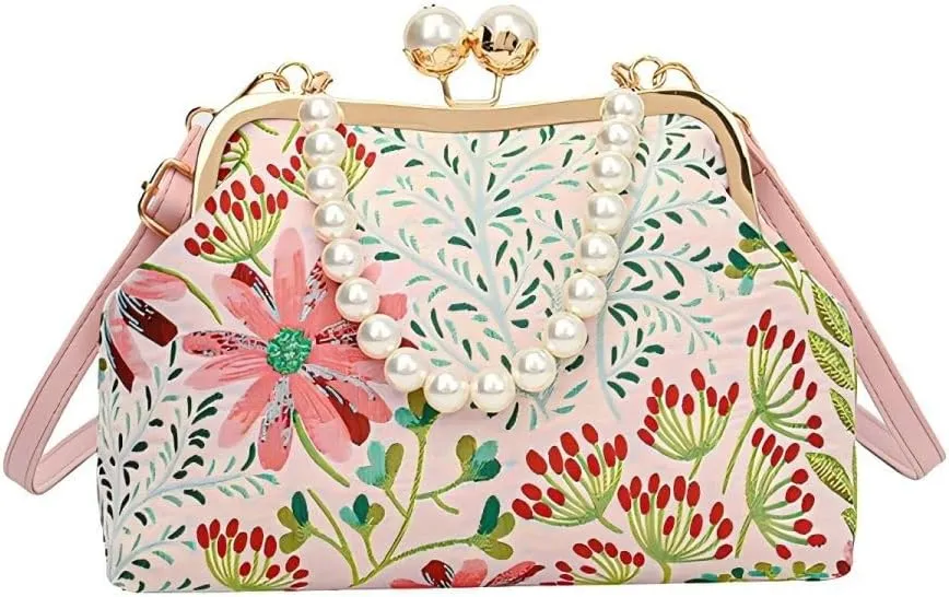 Vintage Flower Embroidery Handbag,Kiss Lock Evening Shoulder Bag with Removable Shoulder Strap for Women