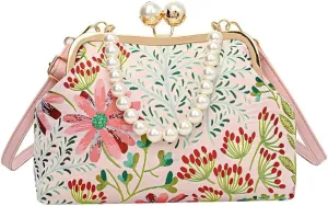 Vintage Flower Embroidery Handbag,Kiss Lock Evening Shoulder Bag with Removable Shoulder Strap for Women