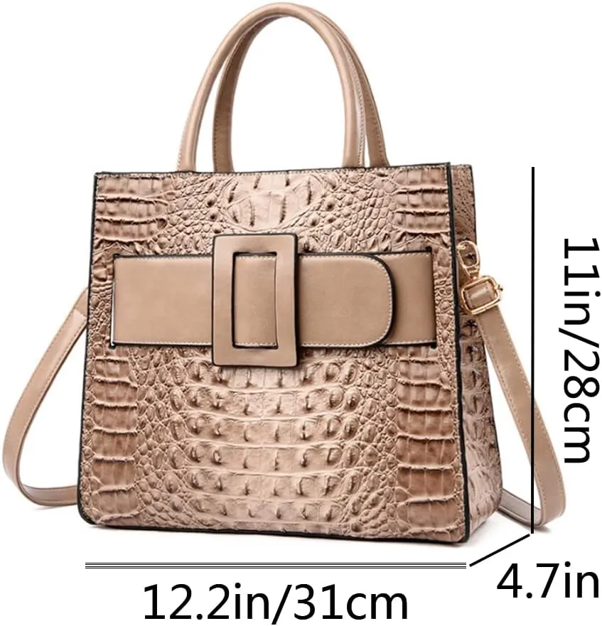 Vintage Top-handle Handbags Purse Satchel for Women PU Crocodile Pattern Tote Commuter Bag Crossbody Shoulder Bag