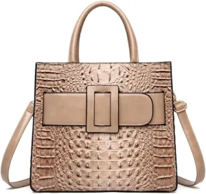 Vintage Top-handle Handbags Purse Satchel for Women PU Crocodile Pattern Tote Commuter Bag Crossbody Shoulder Bag
