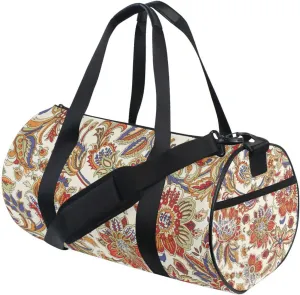 Vintage Traditional Floral Flowers Orange Style Duffel Bag, Foldable Canvas Travel Tote for Gym Sports with Inner Pockets, Durable Lightweight Fitness Bag for Overnight Workout