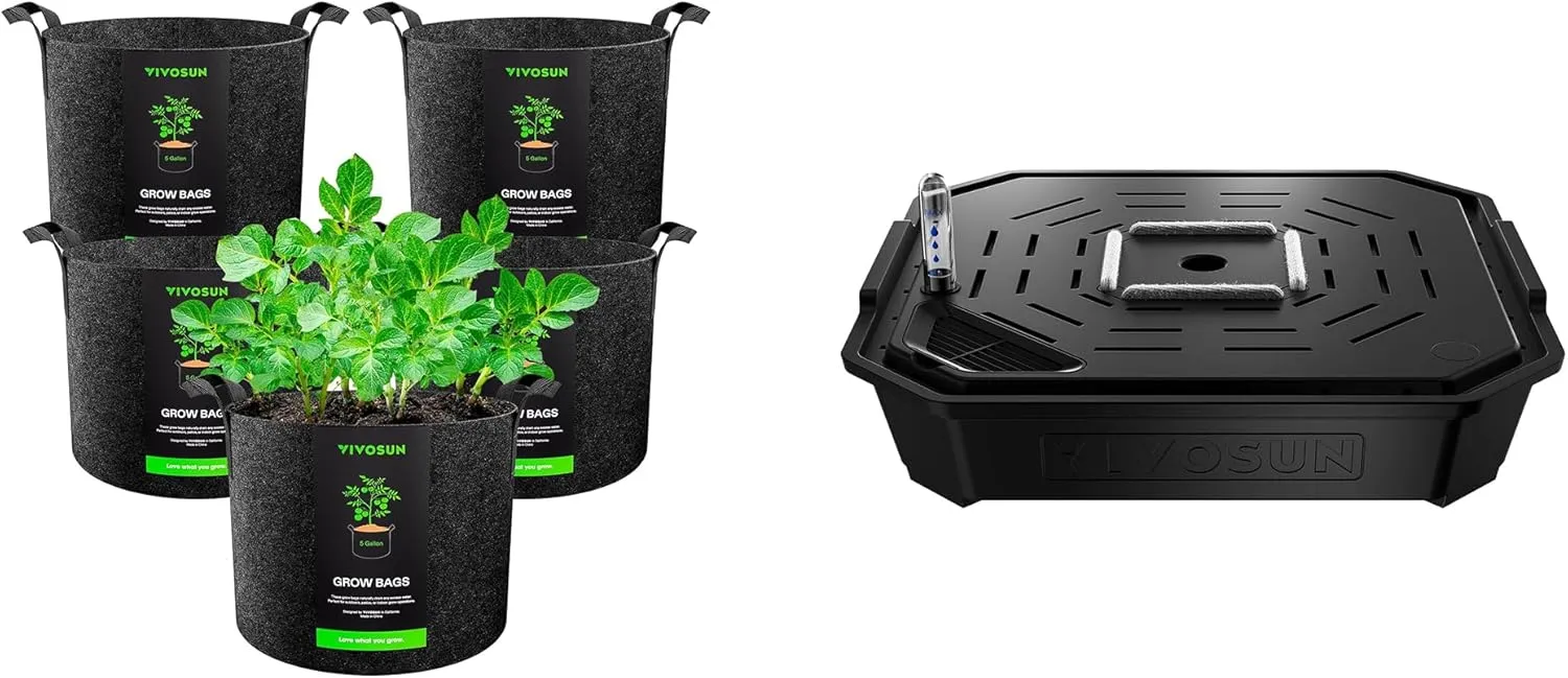 VIVOSUN 5-Pack 5 Gallon Grow Bags and 4-Pack FlexFeed Self-Watering Irrigation Pot, Auto-Irrigation Fabric Pot Base with Water Meter & Maintenance Window