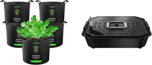 VIVOSUN 5-Pack 5 Gallon Grow Bags and 4-Pack FlexFeed Self-Watering Irrigation Pot, Auto-Irrigation Fabric Pot Base with Water Meter & Maintenance Window