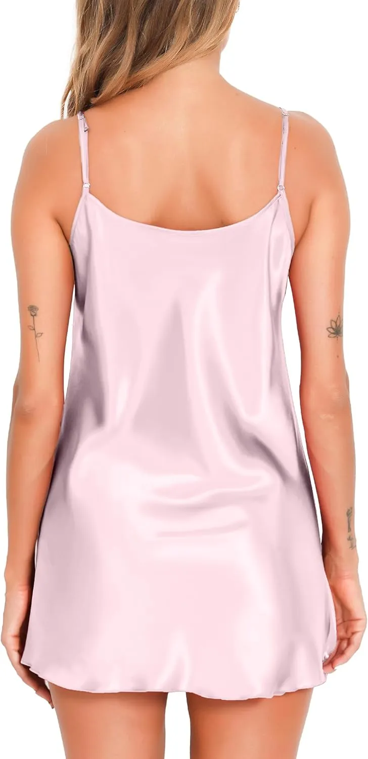 Vlazom Satin Nightshirts Sexy Silk Nightdress Spaghetti Strap Short Negligee Chemise Slip with Deep V Neck