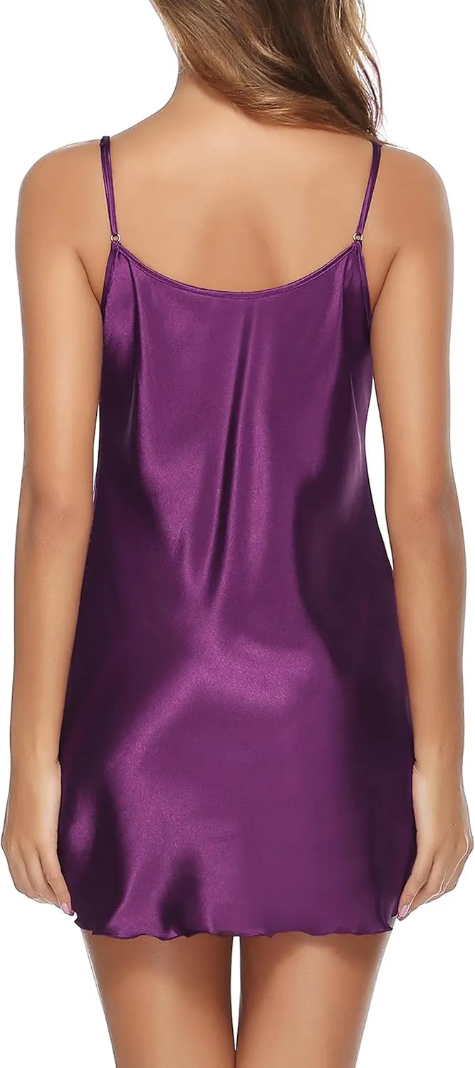 Vlazom Satin Nightshirts Sexy Silk Nightdress Spaghetti Strap Short Negligee Chemise Slip with Deep V Neck