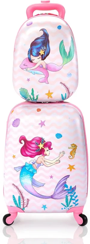 VLIVE Kid Luggage w/Wheels for Girls, Toddler Rolling 16in Suitcase w/12in Backpack, Girl Travel Carry-on(Mermaid)