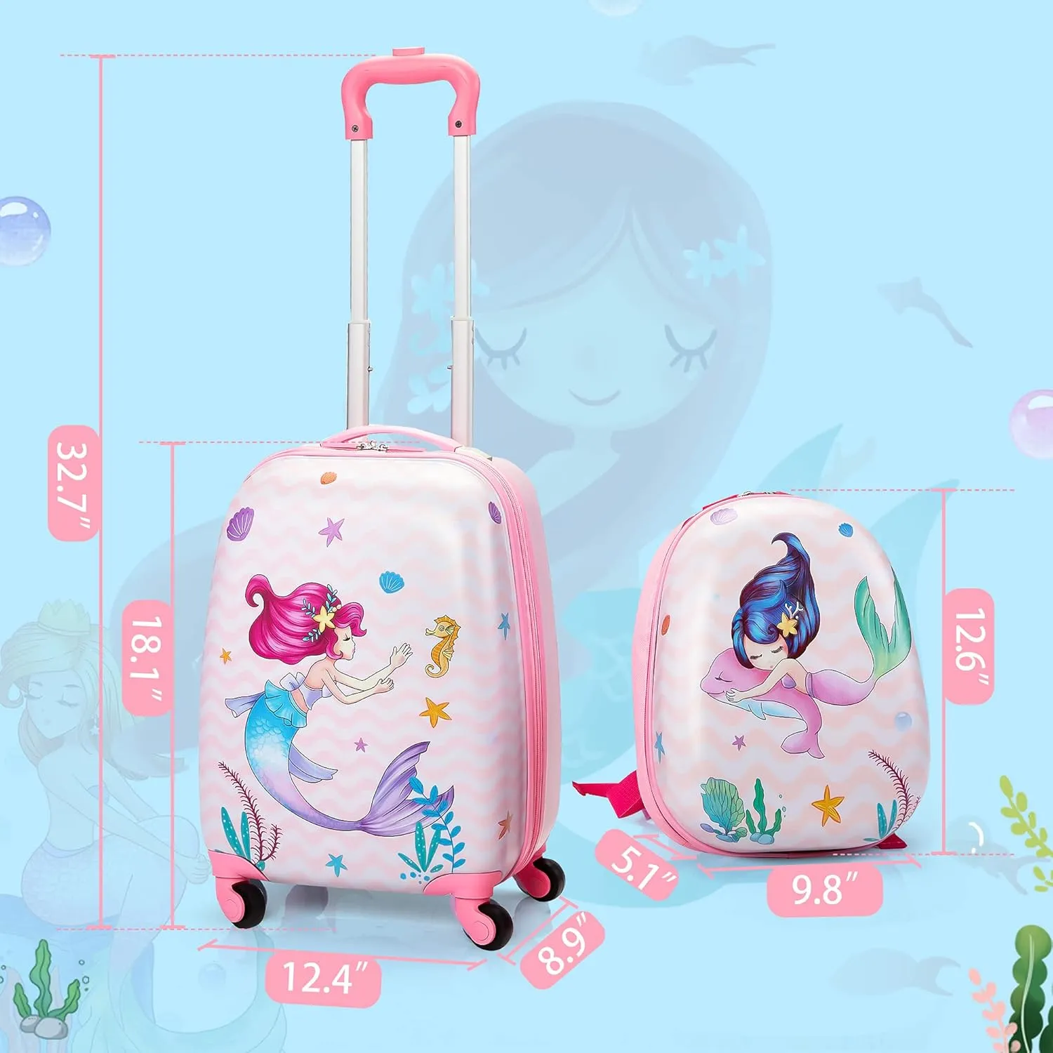 VLIVE Kid Luggage w/Wheels for Girls, Toddler Rolling 16in Suitcase w/12in Backpack, Girl Travel Carry-on(Mermaid)