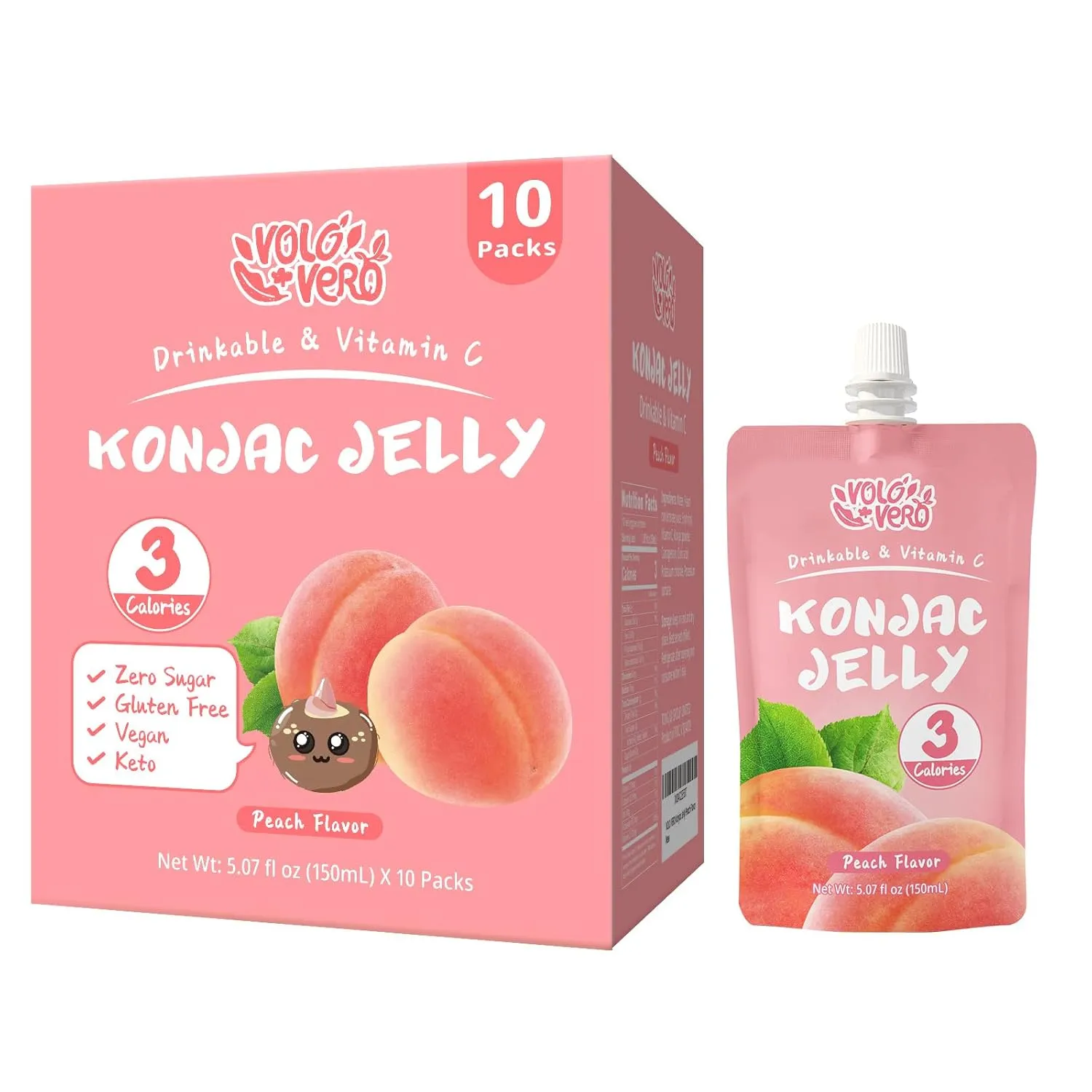 VOLO VERO Konjac Jelly Squeeze Pouch Peach Flavor, Low Calories (3 Kcal), 10 Packs, Gluten Free & Vegan, 0 Sugar, Keto, Low Carb, Drinkable Vitamin C Healthy Fruit Snacks, Holiday Gifts