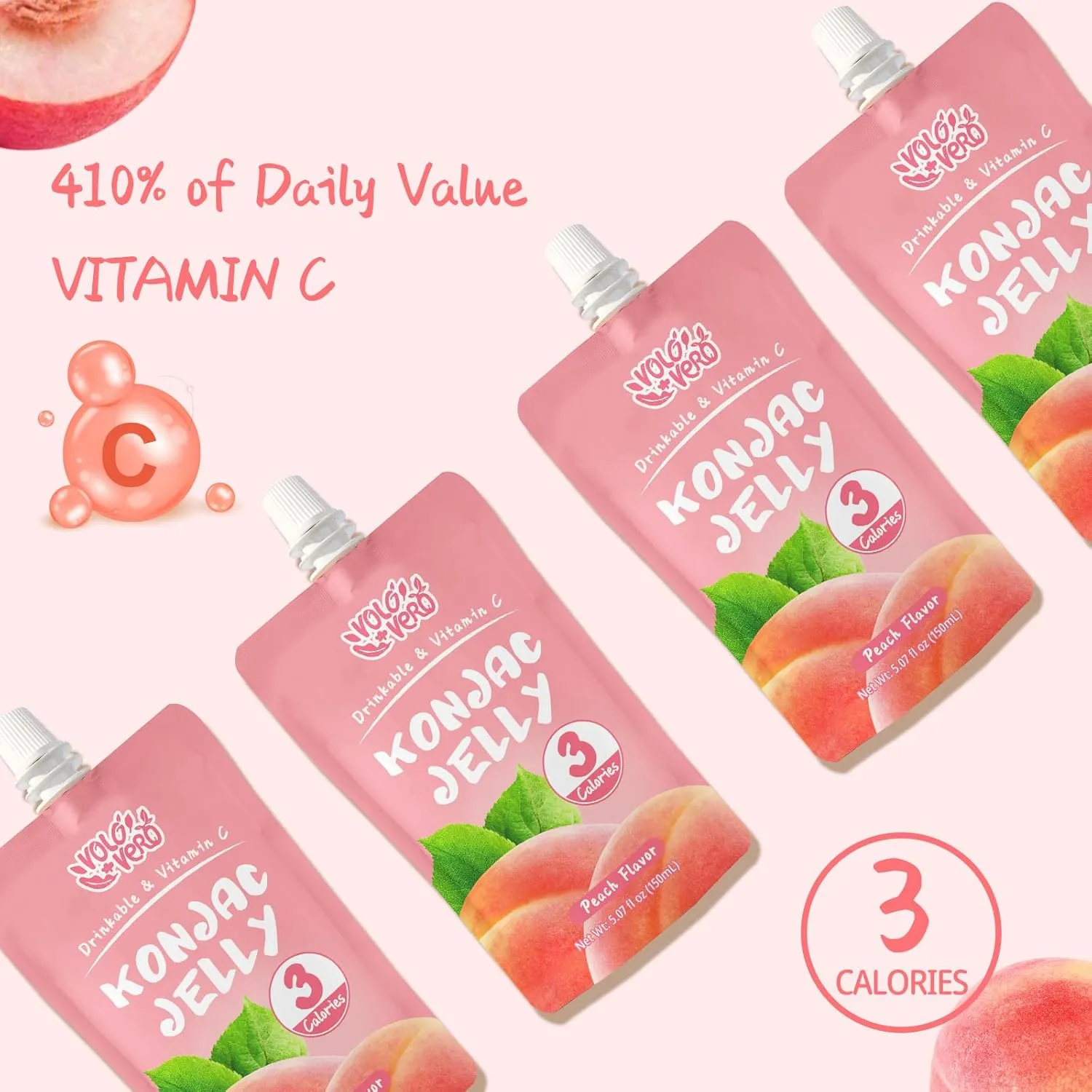 VOLO VERO Konjac Jelly Squeeze Pouch Peach Flavor, Low Calories (3 Kcal), 10 Packs, Gluten Free & Vegan, 0 Sugar, Keto, Low Carb, Drinkable Vitamin C Healthy Fruit Snacks, Holiday Gifts