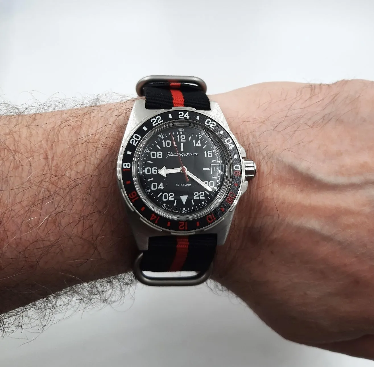 Vostok Original Mens Watch Komandirskie 95058B GMT Mechanical Self-Winding 24-Hours Dial Scale Water Proof 200m, Silver