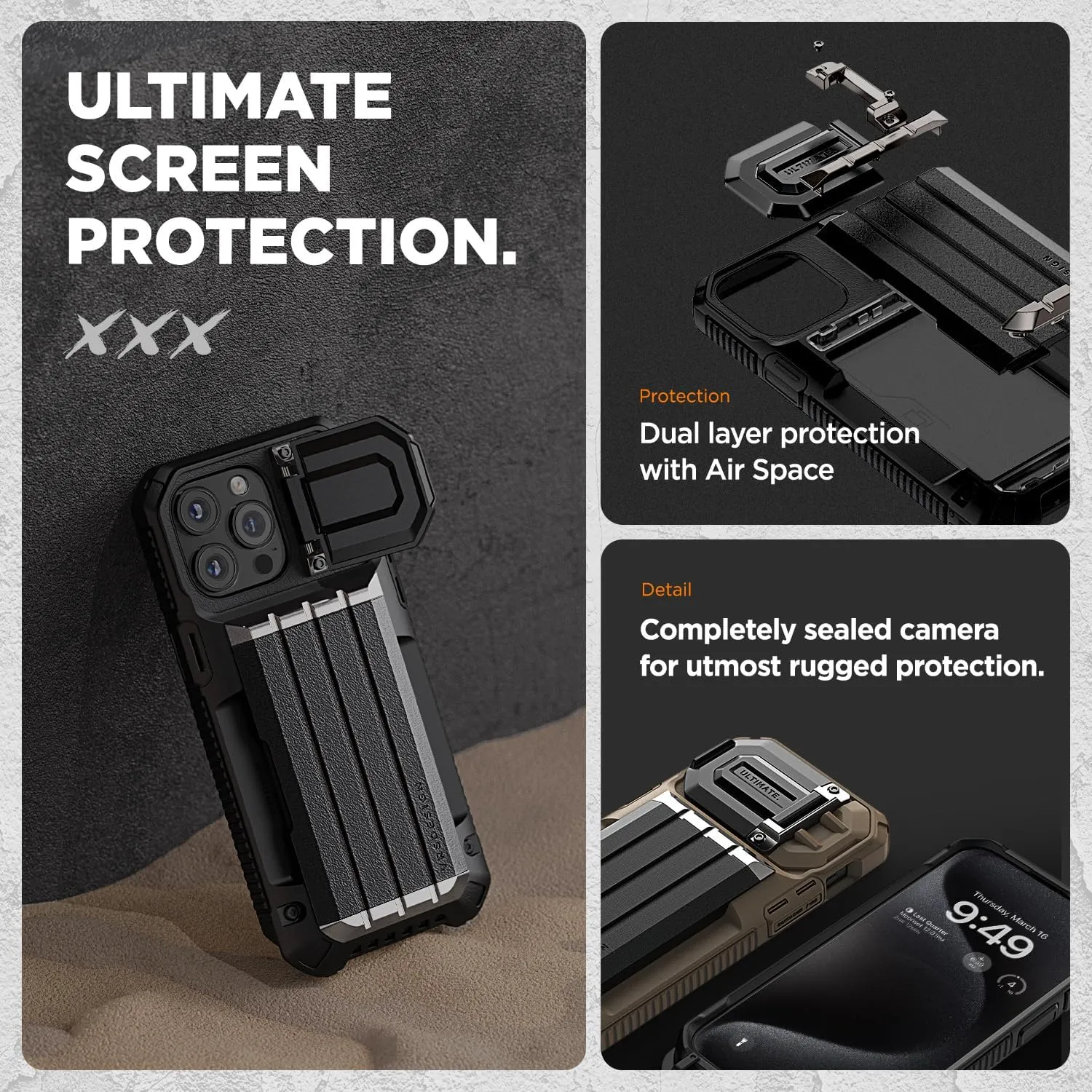 VRS DESIGN Damda Glide Ultimate for iPhone 15 Pro Max(2023), Premium Sturdy Fully Covered Camera Lens Protection Wallet Case with Multi-Functional Strap (Khaki)