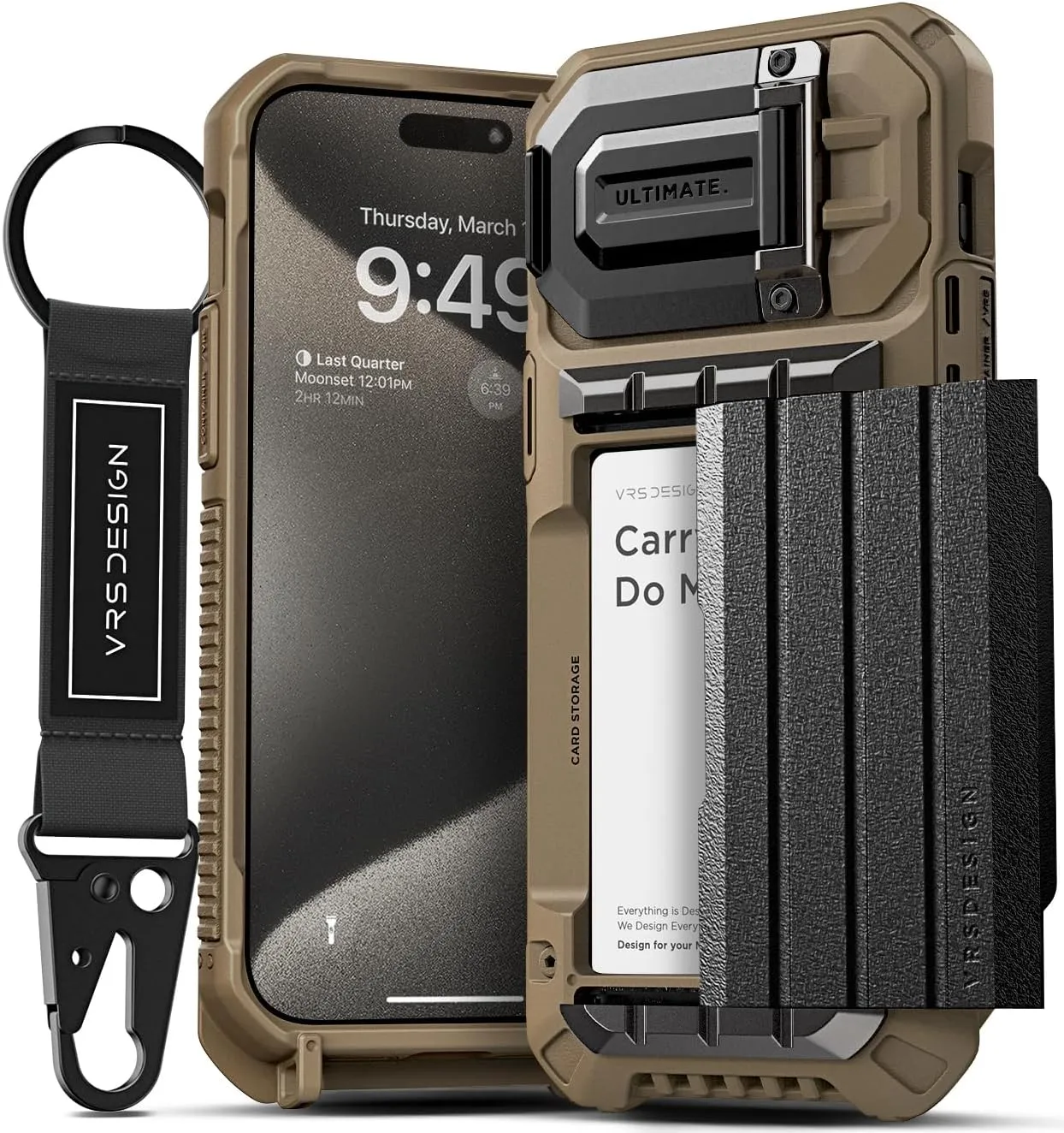 VRS DESIGN Damda Glide Ultimate for iPhone 15 Pro Max(2023), Premium Sturdy Fully Covered Camera Lens Protection Wallet Case with Multi-Functional Strap (Khaki)
