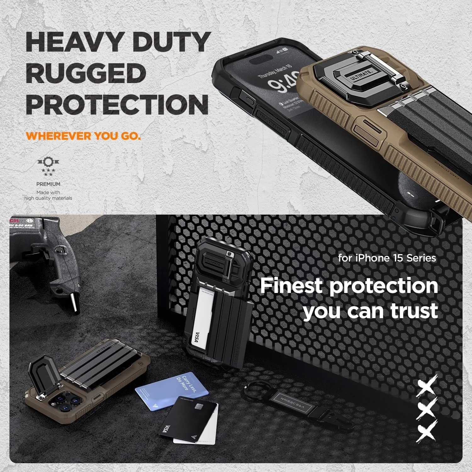 VRS DESIGN Damda Glide Ultimate for iPhone 15 Pro Max(2023), Premium Sturdy Fully Covered Camera Lens Protection Wallet Case with Multi-Functional Strap (Khaki)