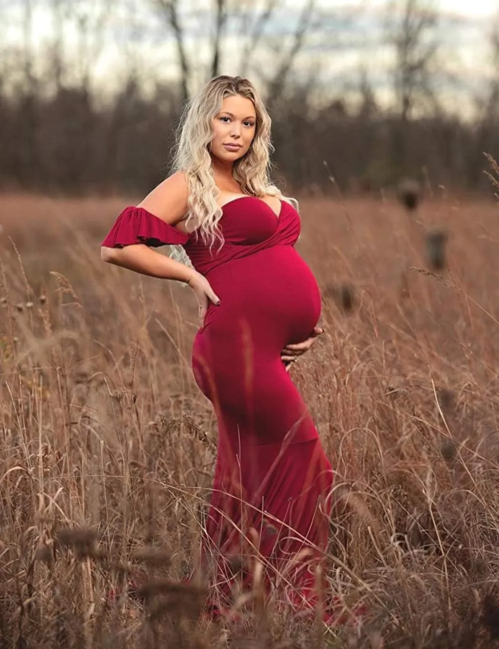 VSNOW Maternity Off Shoulder Wrap Sleeveless Elegant Fitted Gown Maxi Photography Dress for Photo Shoot Dress