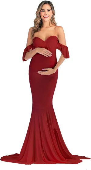 VSNOW Maternity Off Shoulder Wrap Sleeveless Elegant Fitted Gown Maxi Photography Dress for Photo Shoot Dress
