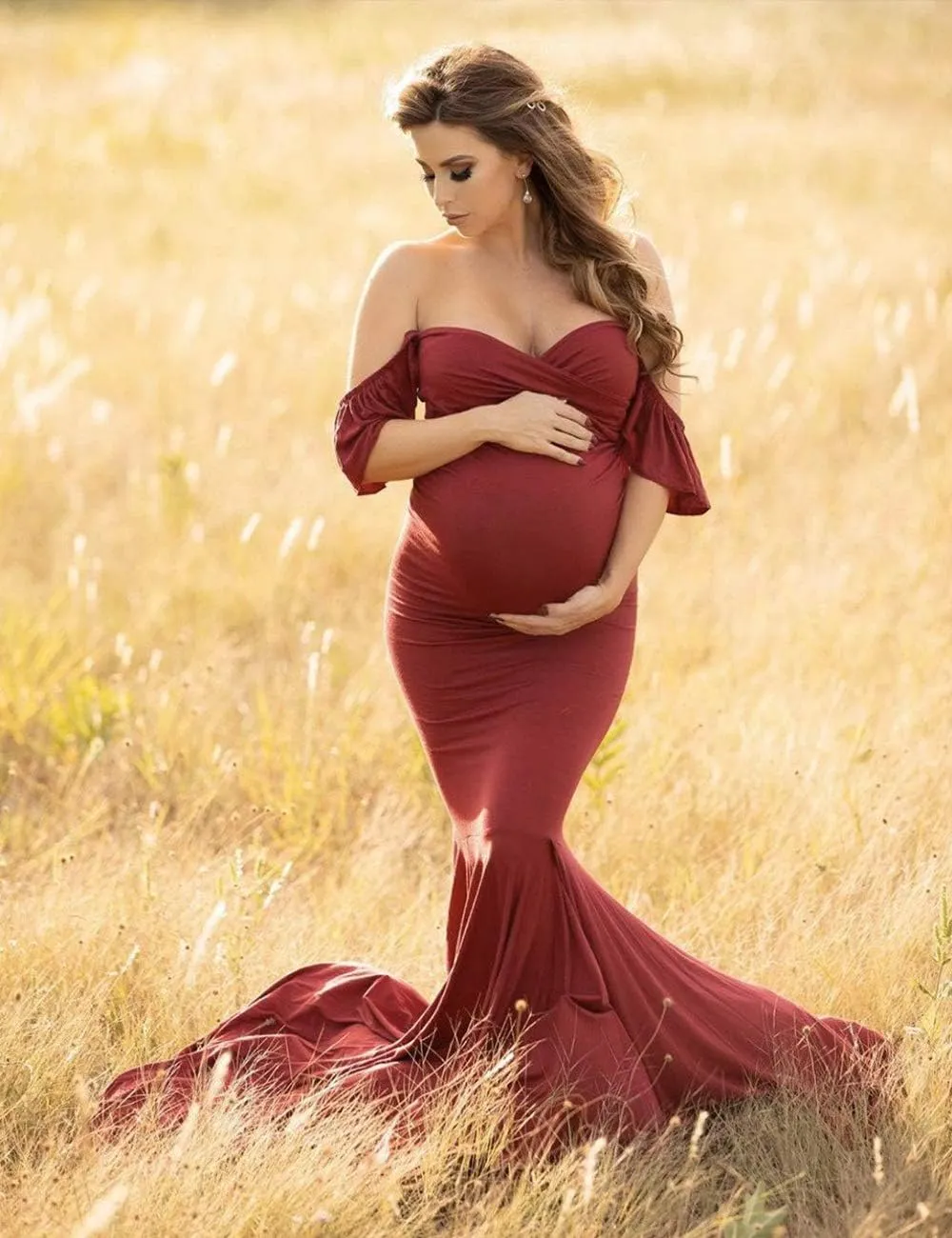 VSNOW Maternity Off Shoulder Wrap Sleeveless Elegant Fitted Gown Maxi Photography Dress for Photo Shoot Dress
